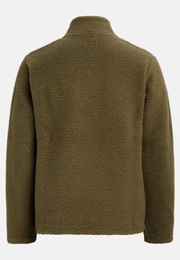 Olive green fleece jacket with a textured surface, high collar, and long sleeves. It has a relaxed fit and minimal detailing on the back.