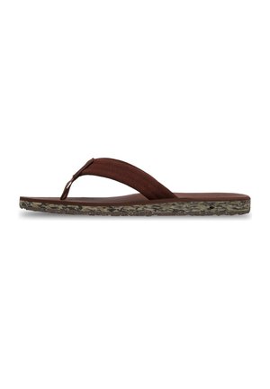 Brun stof-flip-flop sandal med flad, plettet sål og polstrede stropper, vist fra siden på en hvid baggrund.