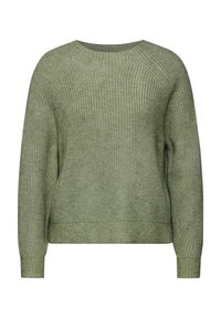 Maglione verde lavorato a maglia con collo tondo, maniche raglan e orlo a coste. La texture è morbida e leggermente ampia, con cuciture uniformi in tutto il capo.