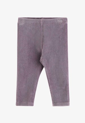 Lilla ribbede leggings lavet af en bomuldsblandingsstof. Funktioner et elastisk taljebånd og en tætsiddende ben design. Blød tekstur med lodrette striber.