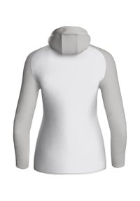 Felpa con cappuccio a maniche lunghe di colore bianco con dettagli grigi, caratterizzata da un design aderente e un tessuto testurizzato. Il cappuccio ha una forma strutturata.