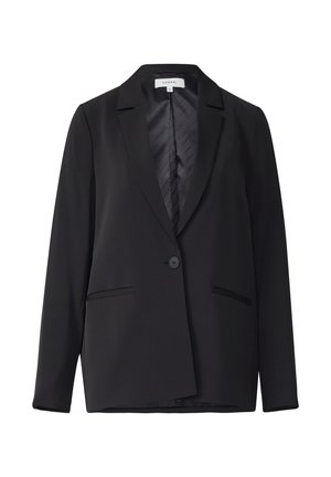 Czarna marynarka na jeden guzik z klapami z wycięciem oraz dwoma kieszeniami przednimi z rozcięciami, rozpięta, ukazująca markową podszewkę.