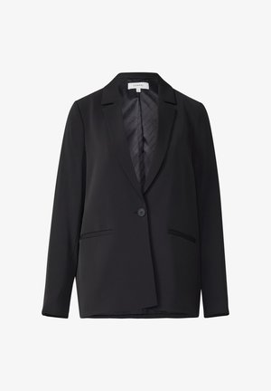 Black single-button blazer with notch lapels and two front slit pockets, unbuttoned to show branded inner lining.
