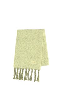 Bufanda verde claro con textura, acabada en flecos y con un pequeño logo dorado de "Bimba Y Lola" cerca de un borde.