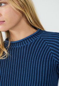 Gestreifter Strickpullover in Dunkelblau und Hellblau. Mit einem gerippten Rundhalsausschnitt und strukturiertem Stoff in taillierter Passform.