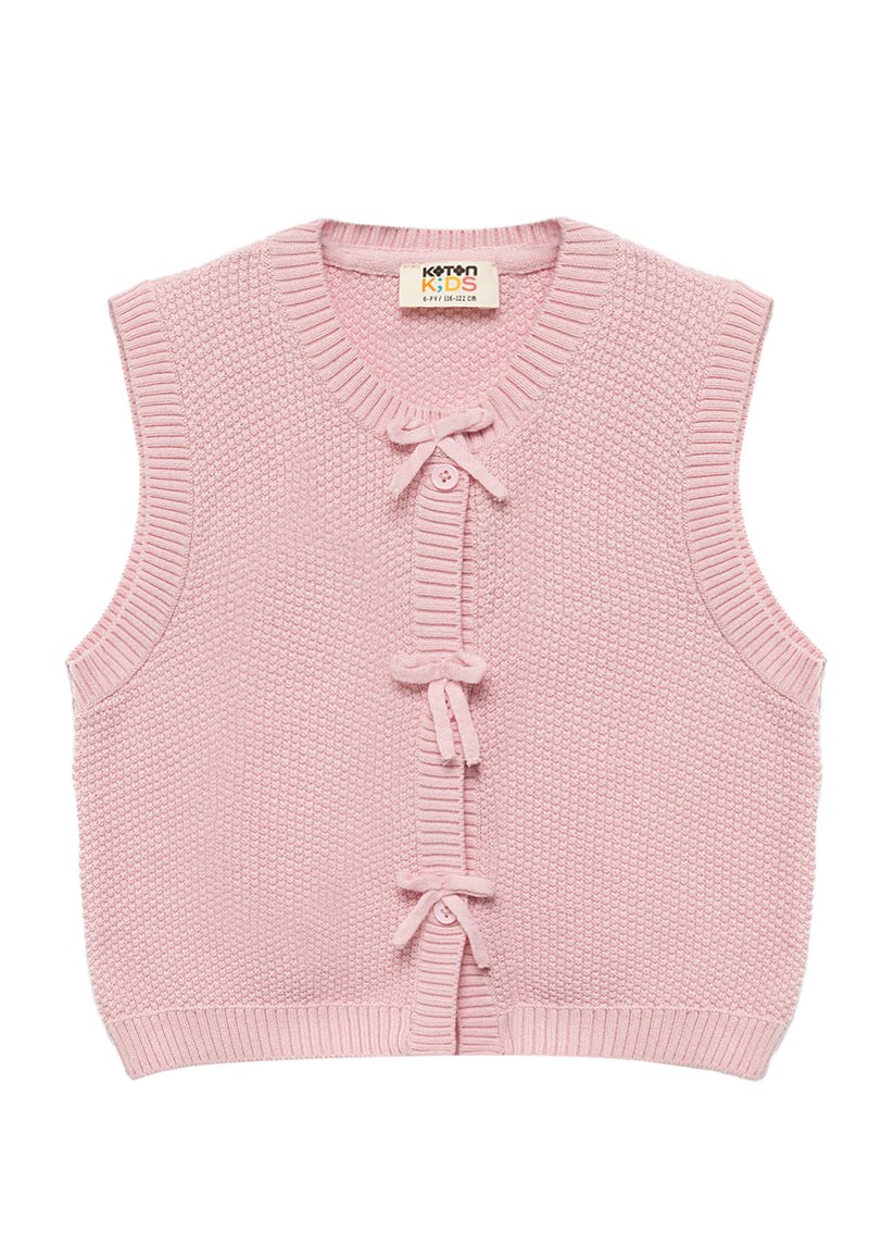 Rosa stickad väst med ärmlös design, med ett strukturerat mönster, ribbad halsringning och tre framslutningar med knappar och rosetter.