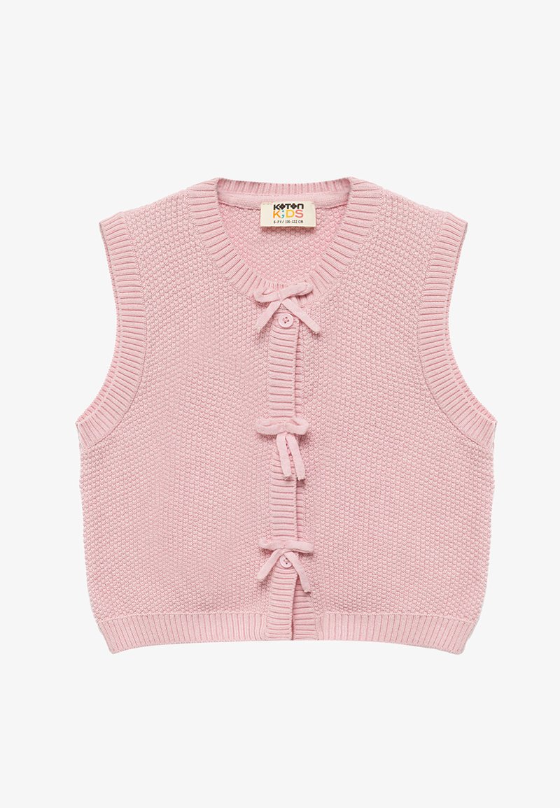 Chaleco de punto rosa con diseño sin mangas, que presenta un patrón texturizado, cuello acanalado y tres cierres de botones frontales con lazos.