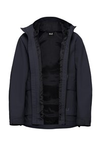 Giacca impermeabile blu navy con cappuccio, cerniera frontale e numerose tasche. L'interno è liscio e foderato, con dettagli arricciati intorno alla cerniera.