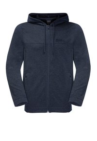 Felpa blu navy con zip realizzata in morbido tessuto testurizzato, presenta un cappuccio con coulisse, tasche laterali e un piccolo logo sul petto.