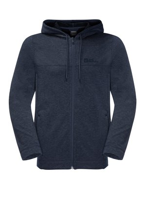 Hoodie zippé bleu marine en tissu doux et texturé, avec une capuche à cordon de serrage, des poches latérales et un petit logo sur la poitrine.