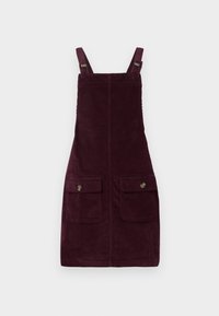 Robe salopette en velours côtelé bordeaux foncé avec bretelles réglables et deux poches avant à rabat boutonné.