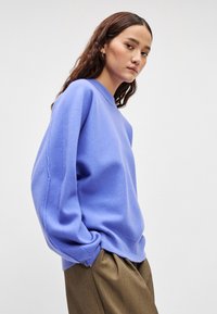 Υπερμεγέθη πουλοβεράκι με στρογγυλή λαιμόκοψη σε ανοιχτό μωβ χρώμα, κατασκευασμένο από απαλό, υφή ύφασμα με ριμπ μανσέτες και τελείωμα, συνδυασμένο με καφέ παντελόνια.