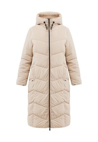Beige lange gewatteerde winterjas met capuchon, zwarte frontrits, zijzakken en een doorgestikt chevronpatroon.