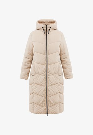 Beżowy, długi, ocieplany płaszcz zimowy z kapturem, czarnym przednim zamkiem błyskawicznym, bocznymi kieszeniami i pikowanym wzorem chevron.