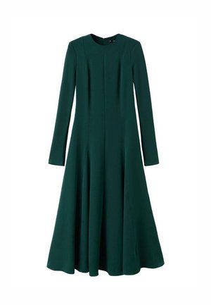 Abito a maniche lunghe in tessuto verde scuro, con scollatura tonda, gonna plissettata e forma strutturata con una superficie liscia.