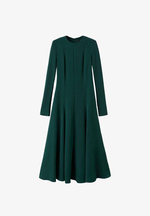 Haljina dugih rukava od tamnozelene tkanine, s okruglim izrezom, nabranim suknjom i strukturiranim oblikom s glatkom teksturom.