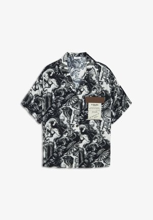 Korte mouw button-up shirt in zwart en wit met een ingewikkeld barokprint. Inclusief een bruine labeltag op de voorkant van de zak.