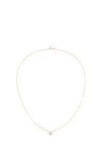 Gold-tone chain necklace featuring a small, circular pendant with a central clear stone. Smooth texture, minimalist design, adjustable clasp.
