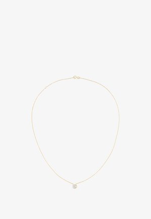 Kuldtooni kettkaelakee, millel on väike ümmargune ripats, mille keskel on selge kivi. Sile tekstuur, minimalistlik disain, reguleeritav lukk.