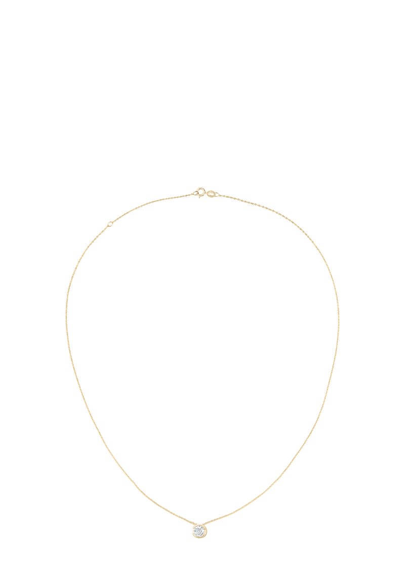 Gold-tone chain necklace featuring a small, circular pendant with a central clear stone. Smooth texture, minimalist design, adjustable clasp.