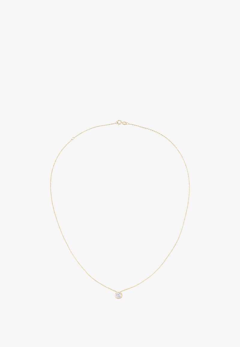 Gold-tone chain necklace featuring a small, circular pendant with a central clear stone. Smooth texture, minimalist design, adjustable clasp.