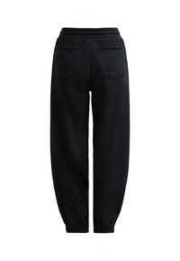 Melnas sporta bikses ar auklu jostasvietā, elastīgiem īkšķiem un divām aizmugurējām kabatām ar šuvju akcentiem. Mīksta auduma tekstūra.