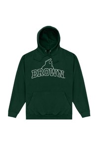 Felpa verde realizzata in un mix di cotone e poliestere, con un logo di orso e la scritta "BROWN" in bianco. Include una tasca frontale a kangaroo e un cappuccio regolabile con cordini.