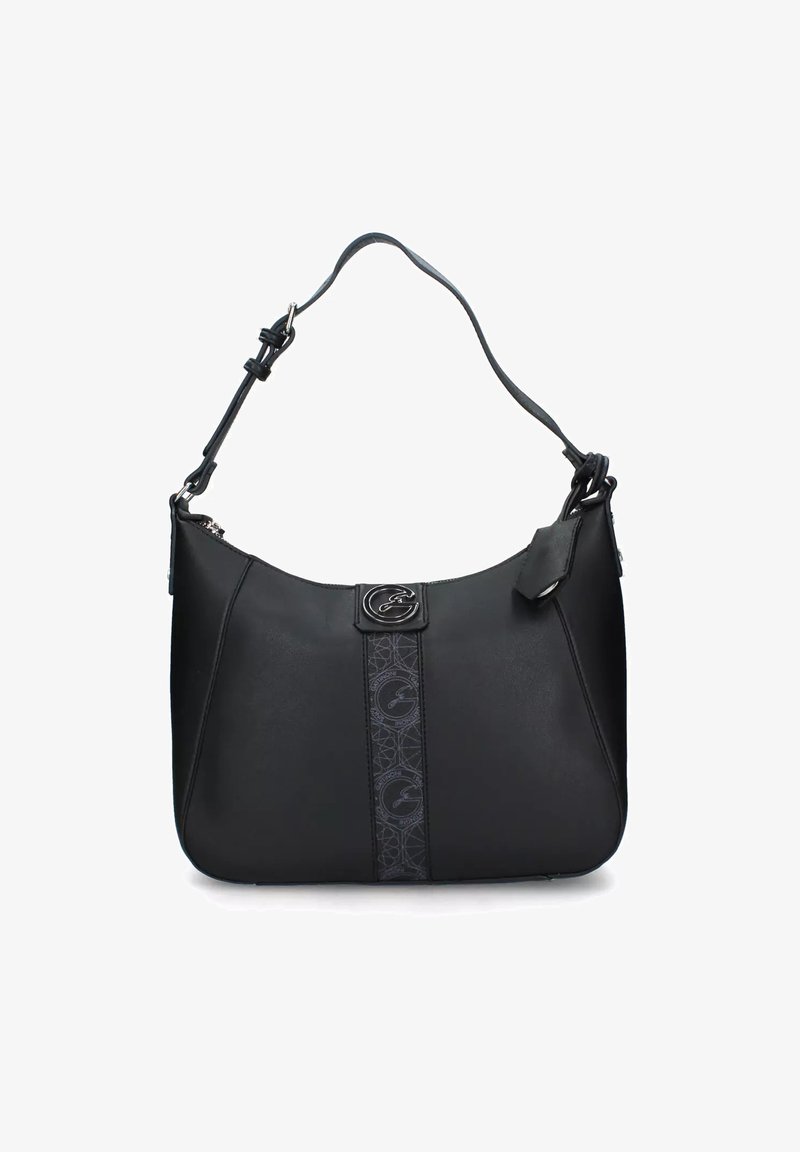 Sort læder skuldertaske med en glat tekstur, der har en tonet mønsterstribe, en sølv logo-lås og en justerbar rem.