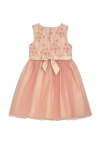 Hellrosa Kleid mit Spitzenoberteil und Tüllrock. Das Design verfügt über einen Satinbund mit einer Schleife auf der Rückseite. Insgesamt glatte Textur.