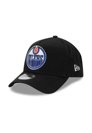 Black cap featuring an embroidered circular logo with the word "Oilers" in blue and white. Curved brim; made of fabric with a smooth texture.