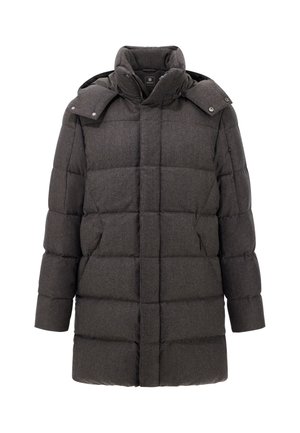 Tamsiai pilkas pamušalu žieminis paltas su aukšta apykakle, snapų užtrauktuku petyse, priekiniais užtrauktukais ir šoninėmis kišenėmis.