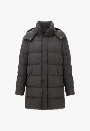 Dunkelgrauer, gepolsterter Wintermantel mit hohem Kragen, Druckknopfverschlussklappe an den Schultern, Frontreißverschluss und seitlichen Taschen.