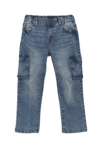 Denimcargo byxor med en urtvättad blå finish, som har sidofickor, knappstängning och ett elastiskt midjeband för komfort.