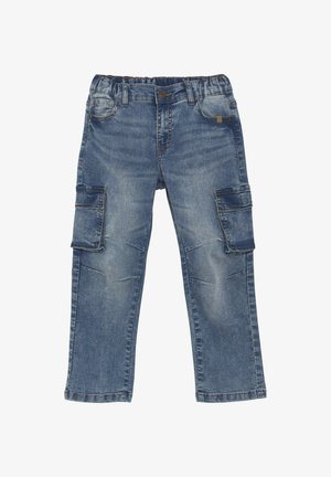 Denimcargo byxor med en urtvättad blå finish, som har sidofickor, knappstängning och ett elastiskt midjeband för komfort.