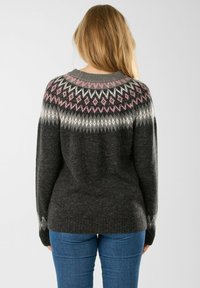 Grey knitted sweater featuring a patterned yoke in shades of pink and white, with a relaxed fit and ribbed hem. Designed for comfort.