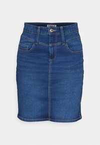 Denim skirt in dark blue with a fitted design. Features five pockets, a button closure, and contrasting stitching along the seams.