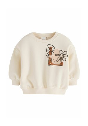 Sudadera de color crema claro con mangas abullonadas, ribete elástico y un gráfico divertido que presenta flores y animales en tonos marrones y rosas.