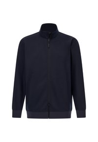 Tamsiai mėlynas zip-up švarkas su aukštu kaklu, pagamintas iš lygaus audinio. Yra elastingi rankogaliai ir apatinis kraštas, minimalistiškas dizainas be raštų.