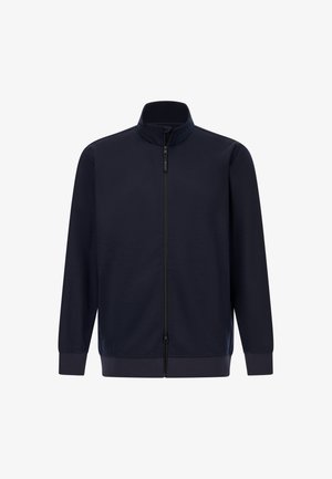 Námořnická zipová bunda s vysokým límcem, vyrobená z hladké tkaniny. Má elastické manžety a spodní lem, minimalistický design bez vzorů.