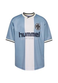 Hemelsblauw en wit gestreept shirt met korte mouwen. Voorzien van een ronde kraag, zwarte accenten en een circulair logo op de borst.