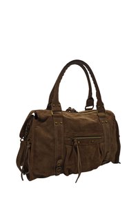 Sac à main en daim marron avec des anses tressées, plusieurs zips et des accents en métal. Il dispose d'une poche avant et de franges sur les côtés pour le détail.