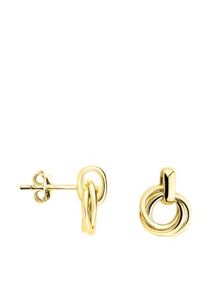 Boucles d'oreilles clous en or avec des anneaux circulaires entrelacés à finition polie, présentées de face et de profil sur un fond blanc.