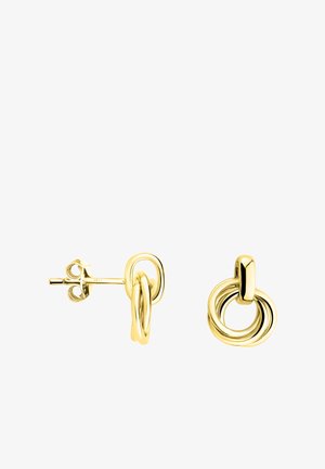Boucles d'oreilles clous en or avec des anneaux circulaires entrelacés à finition polie, présentées de face et de profil sur un fond blanc.