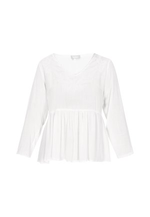 Witte, langmouwige top met een V-hals en geborduurde details bij de halslijn. Heeft een uitlopende, geraffineerde onderkant gemaakt van lichte stof.