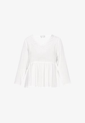 Witte, langmouwige top met een V-hals en geborduurde details bij de halslijn. Heeft een uitlopende, geraffineerde onderkant gemaakt van lichte stof.