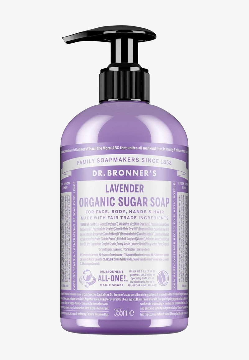 Savon sucré biologique Dr. Bronner’s 355 ml parfum lavande dans un flacon-pompe violet pour le visage, le corps, les mains et les cheveux avec des ingrédients issus du commerce équitable.