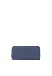 Portafoglio blu in pelle con finitura testurizzata, chiusura con zip e accento del logo dorato sulla parte anteriore. Forma rettangolare, design semplice.