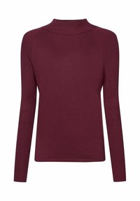 Bordowy sweter z długim rękawem i wysokim kołnierzem, z prążkowanymi mankietami i gładką teksturą na całej powierzchni. Prosty i dopasowany krój.
