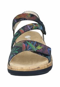 Sorte sandaler med multikolore mesh-stropper, kork-sål og tekstureret sål. Har tre justerbare stropper for en tilpasset pasform.