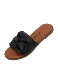 Infradito neri con una fascia in pelle annodata, una soletta imbottita marrone e una suola in gomma testurizzata, progettati per comfort e comodità.